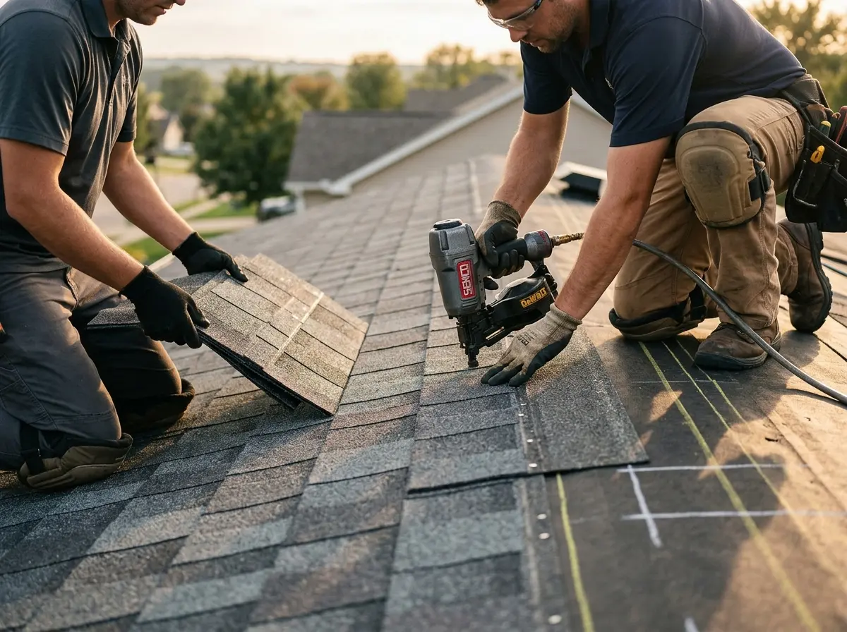 Professional roofer working on a residential roof in Henderson